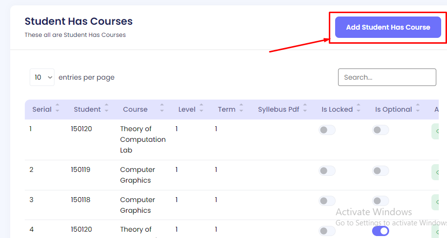 Add Course Student Button