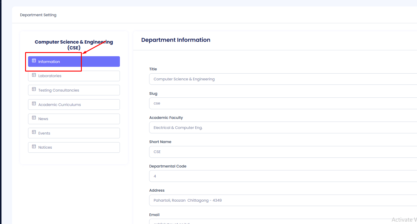 Administrative Department Information Menu