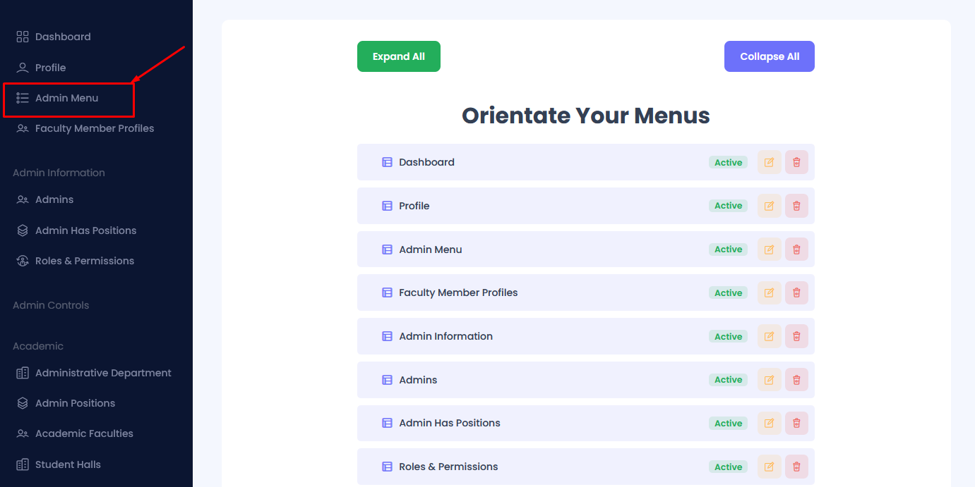 Admin Menu Overview