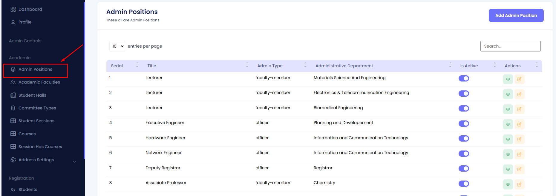 Admin Positions Navigation