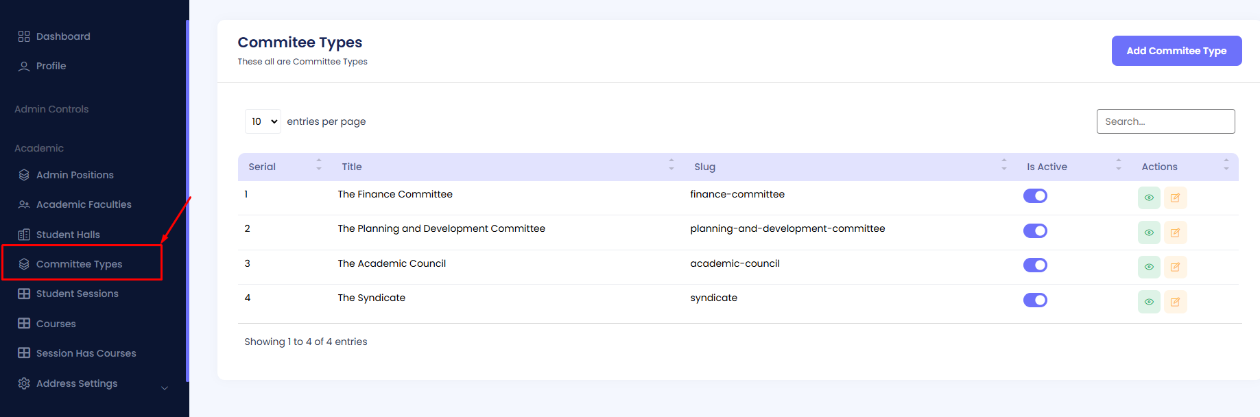 Committee Types Navigation