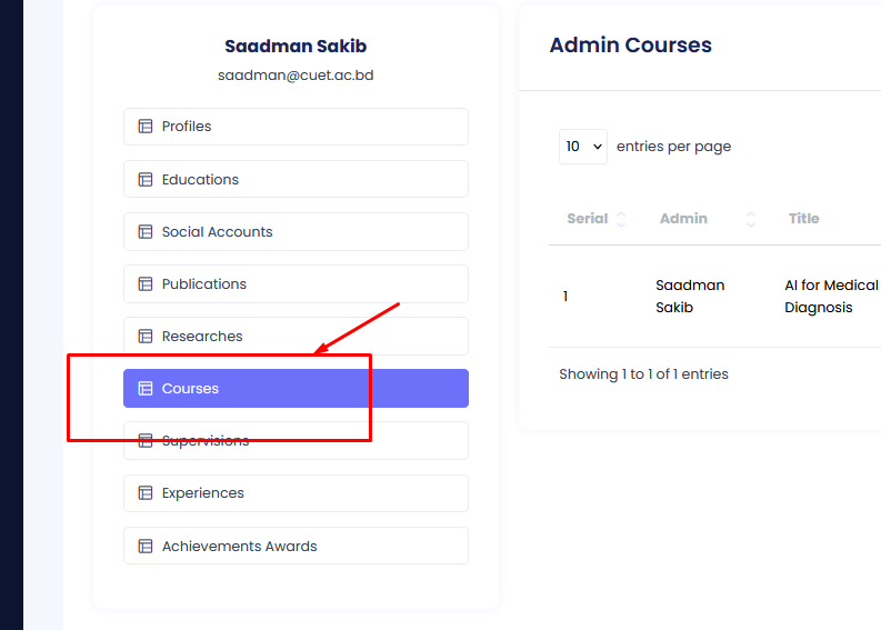 Courses Profile Menu