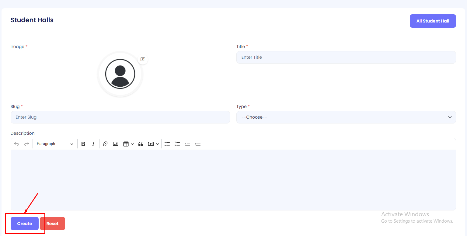 Create Student Hall Form