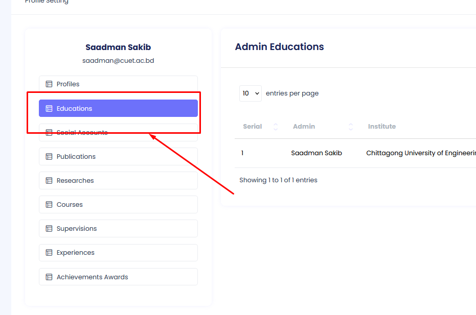 Education Profile Menu