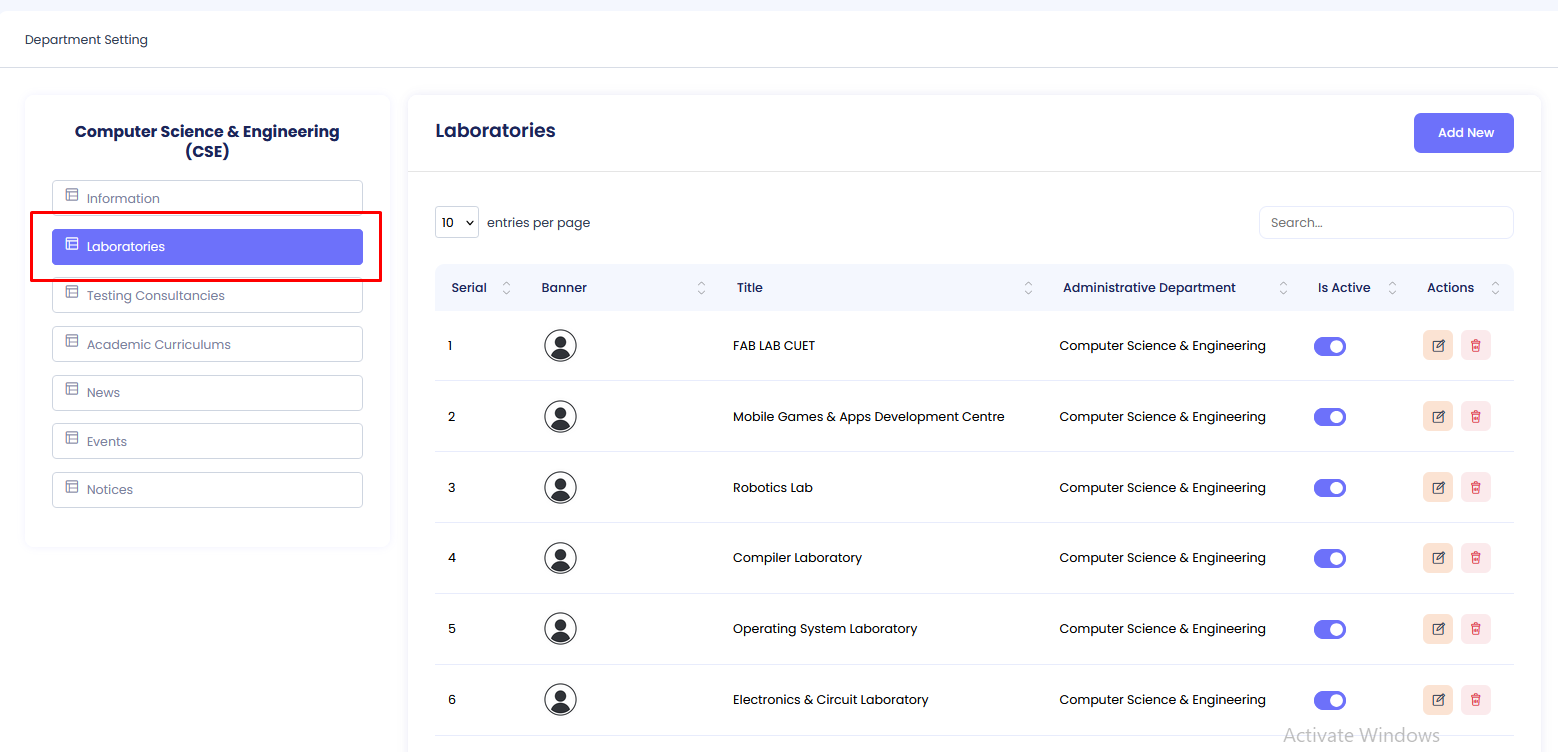 Laboratories Menu