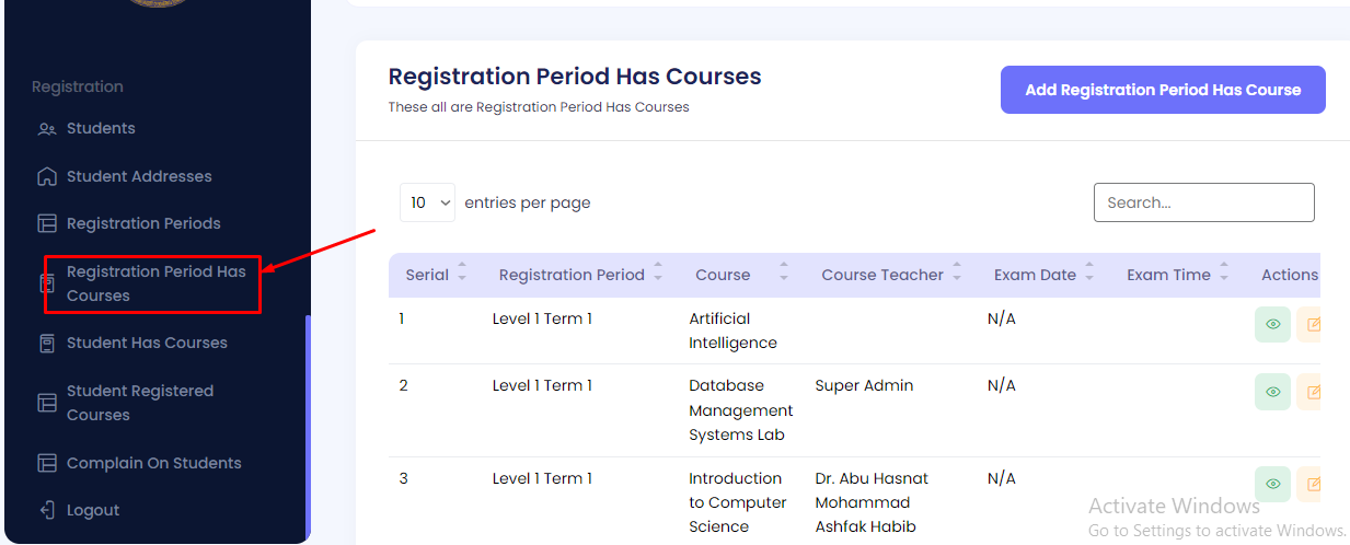 Registration Period Courses Navigation