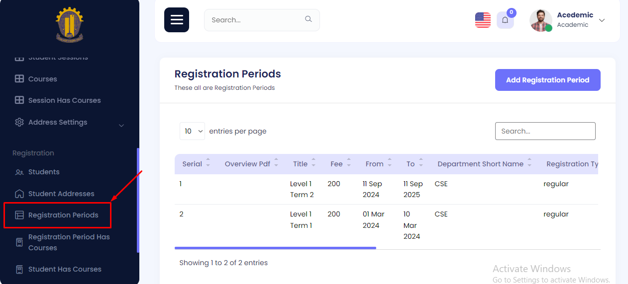 Registration Period Navigation