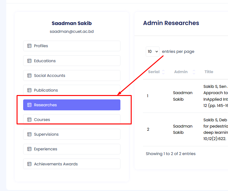 Research Profile Menu