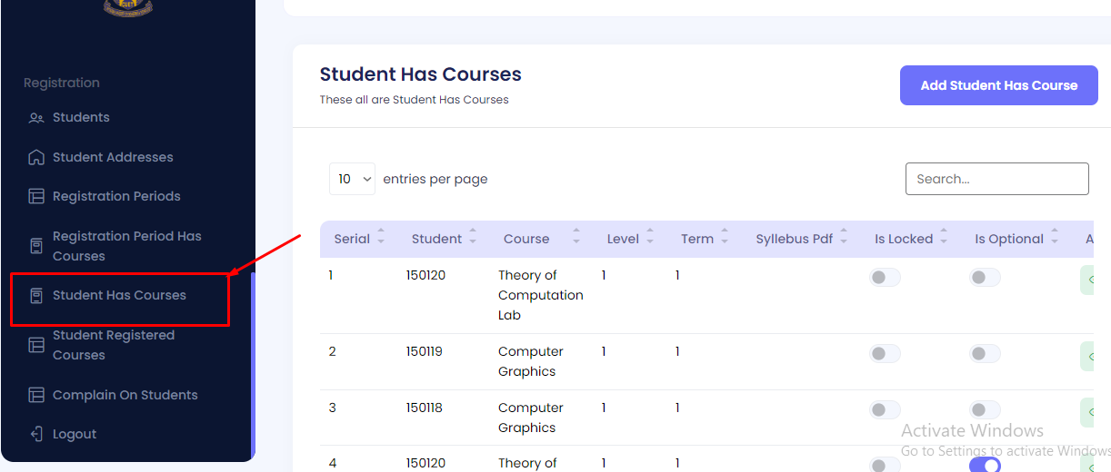 Student Has Courses Navigation