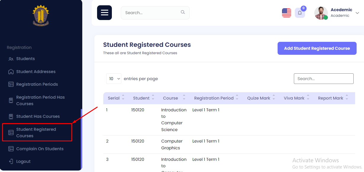 Student Registered Courses Navigation