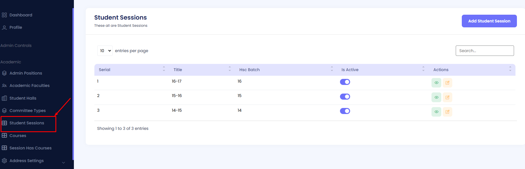 Student Session Navigation