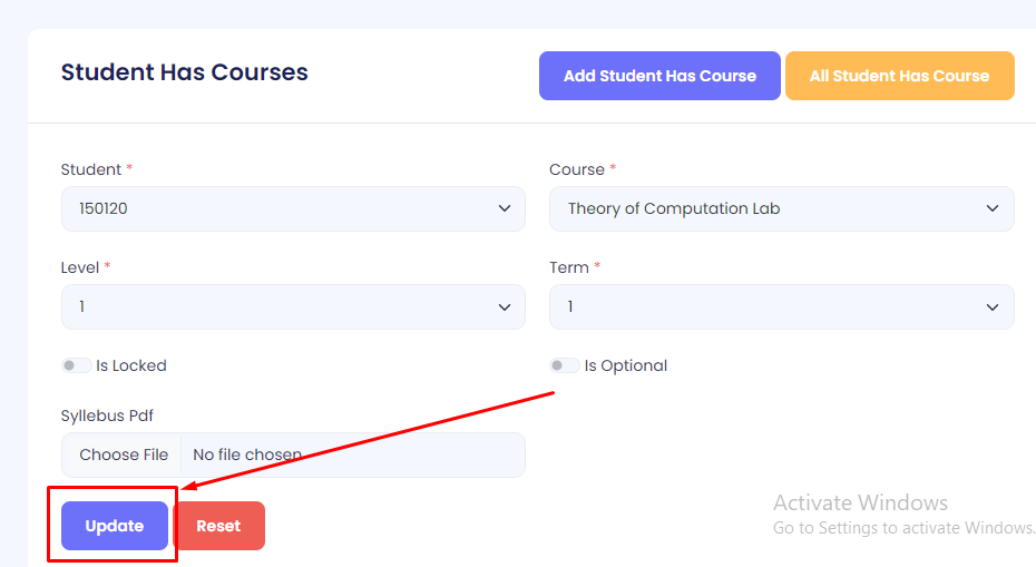 Update Course for Student Form