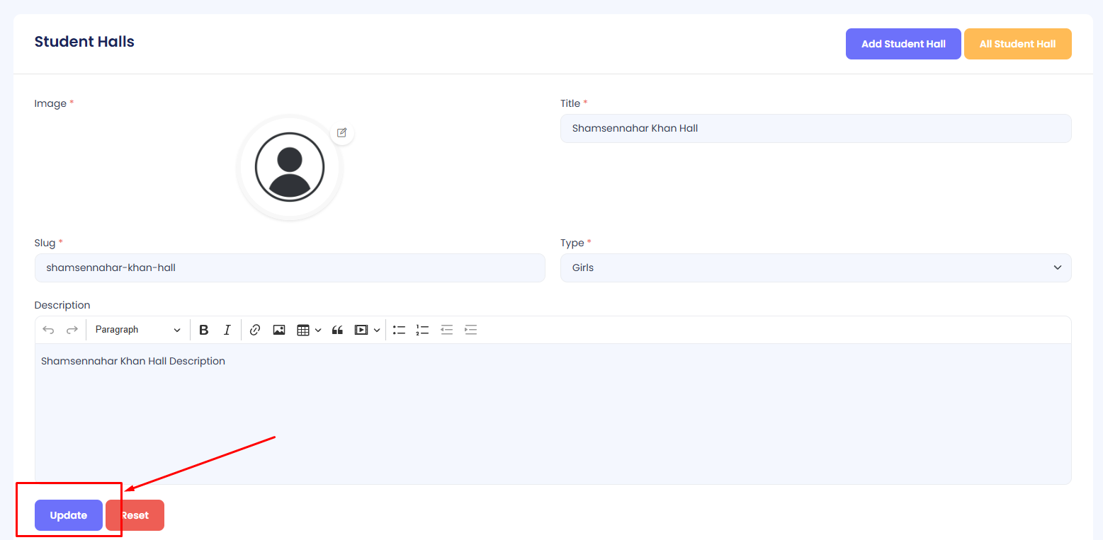 Update Student Hall Form